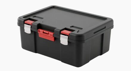 Durable black storage box with red latches isolated on a white background