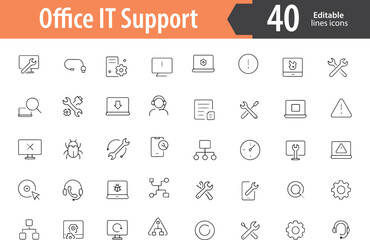 Office IT Support Line Icons, Technical Help, Computer Repair, Software Update, Network Troubleshooting, IT Tools, Editable Formats: AI, EPS, PNG, JPG, Ideal for Both Digital and Print Use
