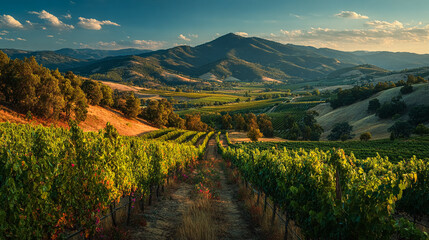 Vineyard stretches to mountains at sunset. Captures wine country scenery. Great for travel, agriculture, or marketing projects.