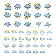 Obraz premium Weather forecast graphic featuring clouds, rain, sun, lightning and snow for use in apps, websites and other digital projects.
