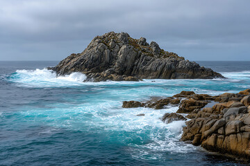 Ocean Waves Crashing Against Rugged Grey and Brown Rocky Island Turquoise Water Dramatic Seascape