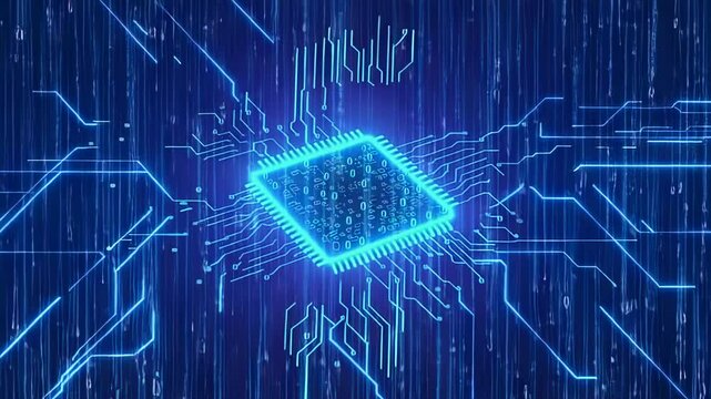 Futuristic glowing circuit board with binary code, technology concept