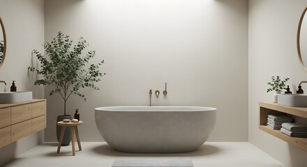 Fototapeta premium Modern bathroom design with bathtub sink and plant in minimalist style interior design for home decor ideas