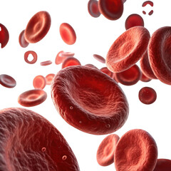 A close up view of many red blood cells floating in a black space with a shallow depth of field on transparent background
