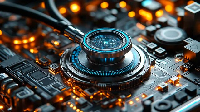 Stethoscope on futuristic circuit board with glowing blue elements