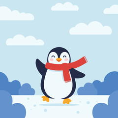 Naklejka premium Cute Cartoon Penguin Wearing Red Scarf Standing on Snow in Winter Flat Vector Illustration