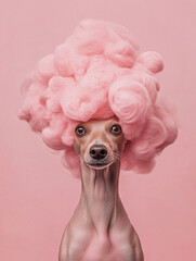 Elegant Dog with Pink Wool Hairstyle Against Pastel Background