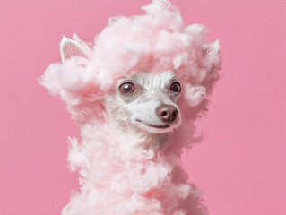 Adorable White Dog with Cloudlike Pink Fur on Colorful Background