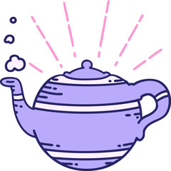 illustration of a traditional tattoo style steaming teapot in bright neon color