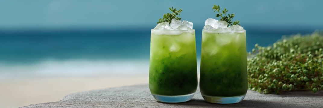 Refreshing green drinks on beachside with ice and herbs overlooking ocean