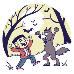 Cartoon vampire and werewolf dancing in a spooky halloween scene with bats and full moon background scene