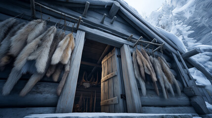 Snow-covered rustic log cabin with animal pelts hanging, in a remote mountain setting