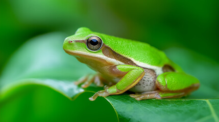 Naklejka premium Green tree frog sitting on a leaf with a vibrant green background in natural daylight