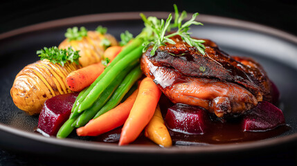 Plated gourmet duck confit with vegetables, beetroot jus and elegant restaurant presentation
