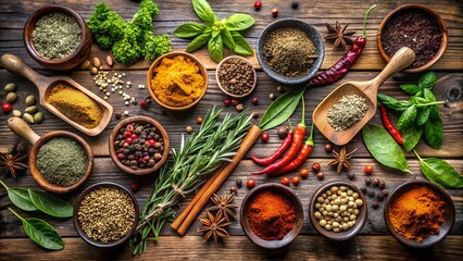 Natural Herbs and Spices Flat Lay on Rustic Surface