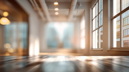 Fototapeta premium Abstract interior scene featuring bright light filtering through industrial windows onto a rustic wood floor creating a bright ambiance.