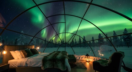 Aurora borealis northern lights igloo hotel winter wonderland snowy landscape travel destination escape on transparent background