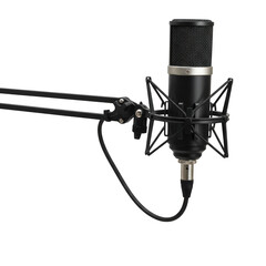 A studio microphone on a black boom arm with a shock mount isolated against a black background on transparent background