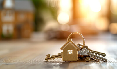 Golden house key and keyring on wooden table with blurred house in warm sunset light
