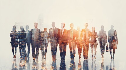 United business team superimposed over city skyline, representing leadership, success, strategy, and collaborative workforce reaching targets together.