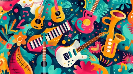 Obraz premium Vibrant abstract illustration with an array of musical instruments, including guitars, keyboards, and saxophones.