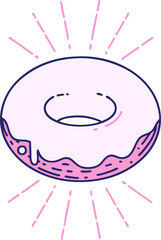 illustration of a traditional tattoo style iced donut in bright neon color