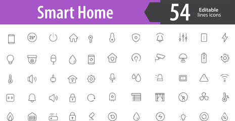 Smart Home Line Icons, Smart Thermostat, Security Camera, Voice Assistant, Smart Light, Home Automation Hub, Editable Formats: AI, EPS, PNG, JPG, Ideal for Both Digital and Print Use
