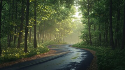 Fototapeta premium Scenic curved road through lush forest serene nature landscape peaceful environment captivating viewpoint