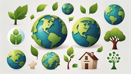 Illustration showing globes leaves trees and a house representing environmental conservation