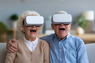 Elderly couple wearing virtual reality headsets sharing joyful moment while experiencing technology together. Comfortable living room with soft furnishings provides intimate setting