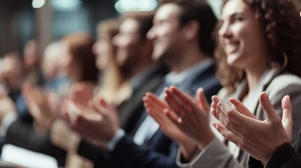 Crowd of cheerful diverse people clapping hands at a business conference showing appreciation and success, indoors