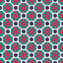 Abstract pattern seamless wallpaper vector design colorful geometric texture. Green, red colors shapes modern art decoration. Retro fabric sample with organic elements. Vintage style textile swatch.
