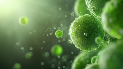 Microscopic green cells under a bright light laboratory setting scientific image abstract environment close-up view