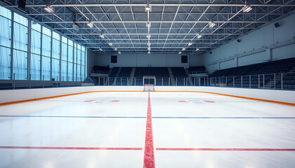 An empty ice rink with a reflective surface, captured in a wide-angle minimalist sports venue.