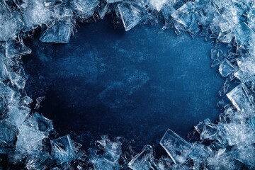 Ice fragments forming a frame around a dark surface studio setup close-up shot cool tones abstract concept