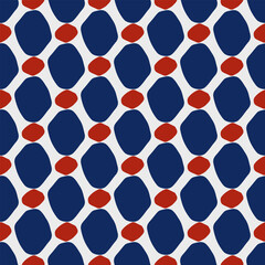 Abstract pattern seamless wallpaper vector design colorful geometric texture. Blue, red colors shapes modern art decoration. Retro fabric sample with organic elements. Vintage style textile swatch.