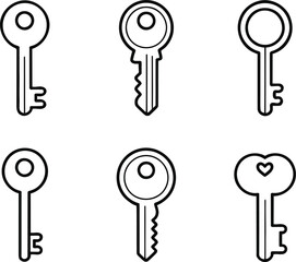 Six Simple Black Outline Keys:  Various Styles, Minimalist Design, Vector Illustration.