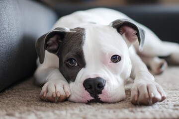 Resting playful puppy cozy living room cute pet photography warm indoor setting close-up view adorable companionship