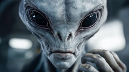Hyper-realistic close-up portrait of an alien creature with large black eyes and wrinkled gray skin