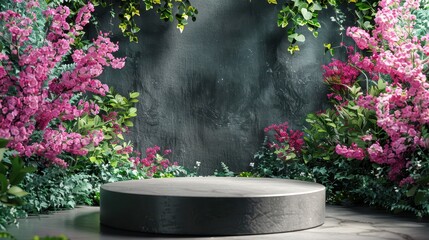Event stage surrounded by pink flowers outdoor garden setting nature background focused view serene atmosphere