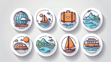 Collection of travel themed icons featuring a globe, sailboat, suitcase, and various landscapes