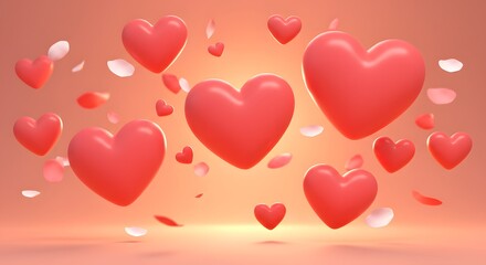 Floating Pink 3D Hearts and Petals on Warm Gradient Background – Love, Romance, and Celebration Concept