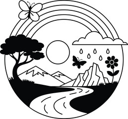 Whimsical black and white landscape with rainbow sun clouds rain river mountains tree and butterflies