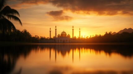 Sunset reflection of a majestic mosque by a tranquil lake serene landscape peaceful atmosphere