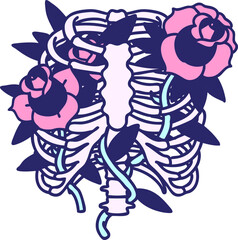 tattoo in traditional style of a rib cage and flowers in bright neon color