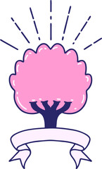 scroll banner with tattoo style tree in bright neon color
