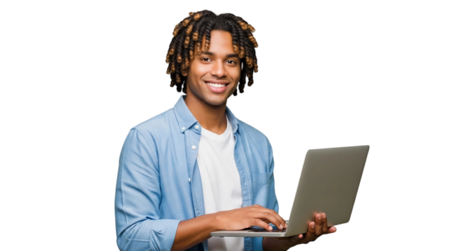 Portrait of a Young Man Holding Laptop with Cheerful Smile – Casual Tech Lifestyle Concept

