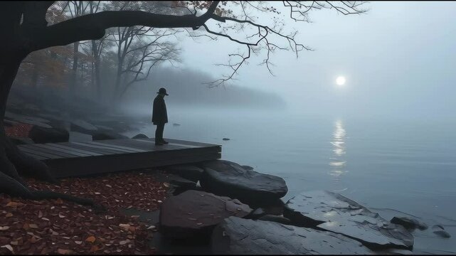 Early morning scene with fog and a man.