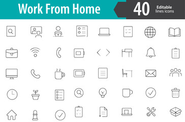 Work From Home Line Icons, Remote Work Desk, Laptop Setup, Video Call, Home Office, Task Management, Editable Formats: AI, EPS, PNG, JPG, Ideal for Both Digital and Print Use
