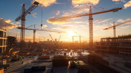 Construction workers at sunset on a building site urban landscape photography industrial environment wide angle view